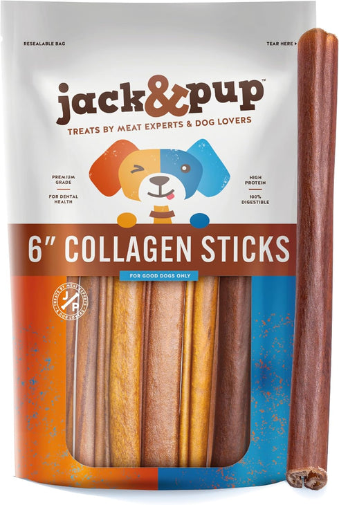 Jack&Pup 6" Beef Collagen Sticks for Dogs | Rawhide Free Dog Chews Long Lasting | Single Ingredient Healthy Dog Treats for Medium Dogs | Bully Sti...