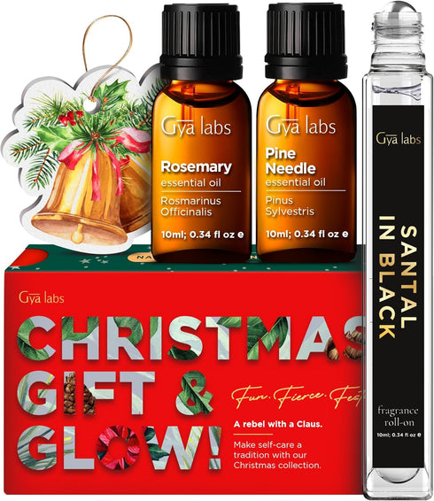 Gya Labs Christmas Festive Gift & Glow Kit & Greeting Card (Set of 3) - Authentic Aromas of Rosemary Oil, Pine Essential Oils & Santal in Black Ro...