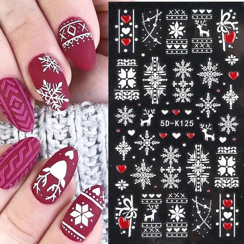 Christmas Nail Art Stickers 5D Embossed White Snowflake Nail Decals Cute Stereoscopic Elk Heart Nail Art Supplies Christmas Tree Planet Nail Desig...