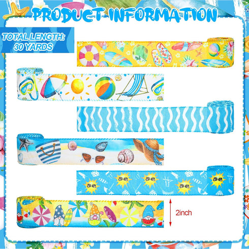 6 Rolls 30 Yards Summer Beach Wired Edge Ribbon Blue Yellow Burlap Stripes Ribbons Summer Beach Party Decorative for Bow Sewing Wreath Summer DIY ...