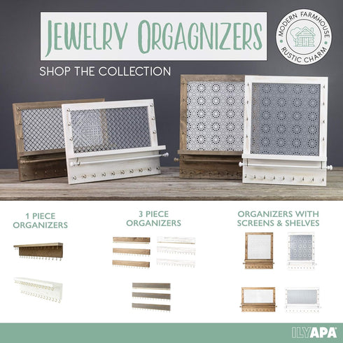Ilyapa Wall Mounted Jewelry Organizer Shelf, Rustic White Wood - Necklace Holder, Earring and Bracelet Hanger Rack...
