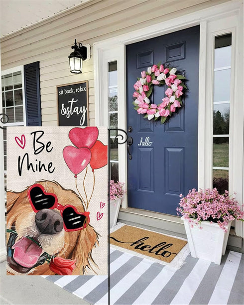 Valentines Day Dog Be Mine Garden Flag 12x18 Double Sided,Golden Retriever with Balloons Small Yard Flag,Seasonal Outdoor Decor for Anniversary We...