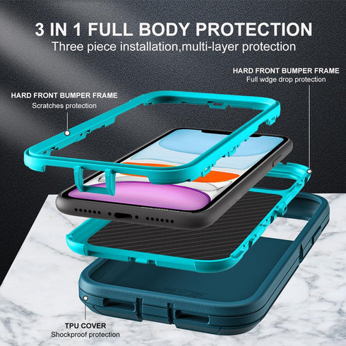 for iphone 11 Case, Military Grade 3 in 1 Heavy Duty Shockproof/Drop Proof/Dust Proof Case with 2Pcs Tempered Glass Screen Protector (Blue/Turquoi...