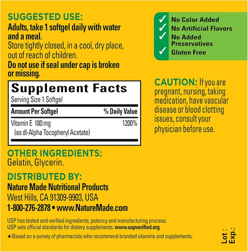 Nature Made Vitamin E 180 mg (400 IU) dl-Alpha, Dietary Supplement for Antioxidant Support, 100 Softgels, 100 Day Supply...