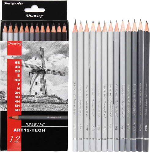 Pacific Arc Premium Graphite Drawing Pencils for Artists, Tech Pack - Professional Pencils for Drawing, Drafting, Sketching and Shading 12 Pk. - G...