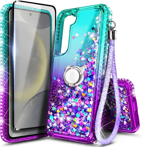 NGB Designed for Samsung Galaxy S21 & S21 5G Case, Aqua/Purple | Glitter Liquid Sparkle Cute Cover for Women Girls Kids | with Screen Protector & ...