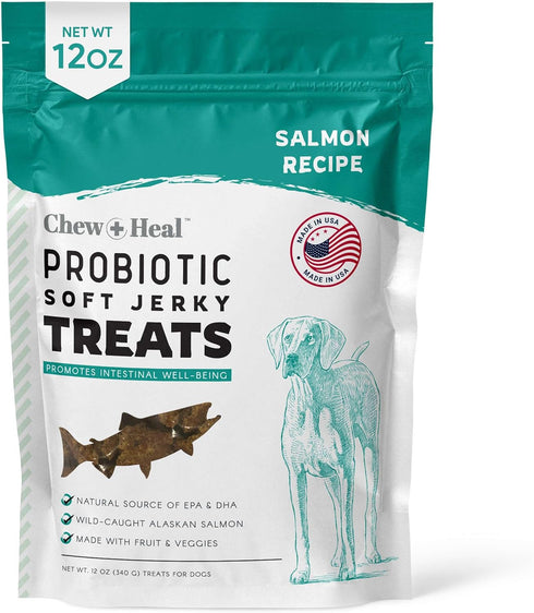 Chew + Heal Labs Probiotic Salmon Jerky Dog Treats - 12 oz of Salmon Jerky for Digestive Health - Made with Wild Alaskan Salmon, Apples, Pumpkin, ...