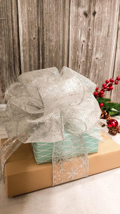CT CRAFT LLC Organza with Silver Glitter Snowflakes Wired Ribbon 2.5 inch x 50 Yards for Christmas Home Decor Tree Topper Bow Gift Wrapping DIY Cr...