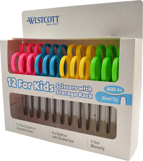 Westcott 13140 Right- and Left-Handed Scissors, Kids' Scissors, Ages 4-8, 5-Inch Blunt Tip, Assorted, 12 Pack...