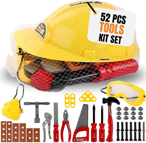 Kids Handyman Tools Toy Set, 52 PCS Mechanic Pretend Play Construction Playset with Hard Hat, Nuts, Bolts - Realistic Plastic Toddler Children Acc...