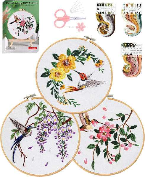 Santune 3 Sets Embroidery kit for Beginners Adults,Stamped Hummingbird Patterns,Cross Stitch Kits Including Clear Instructions,Video Tutorials,Hoo...