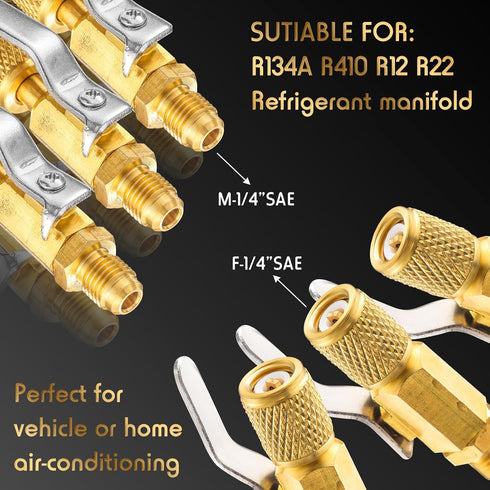 4 Pcs Air Conditioner Ball Valve and Quick Coupler Access Tee 1/4" SAE Adapter Kit Valves Core Tee Adapter with Swivel Connector and Straight Refr...