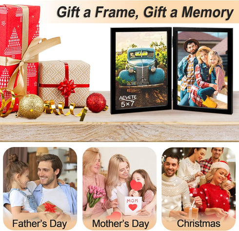 AEVETE 5x7 Picture Frames Double Hinged Wood Folding Photo Frames Vertical with Plexiglass Front, Black...