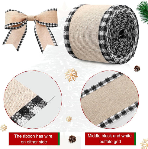 2 Rolls Christmas Buffalo Plaid Wired Edge Ribbons Christmas Tree Burlap Fabric Craft Wrapping Ribbon with Checkered Edge, 216 Inch(2.5 Inch Width...