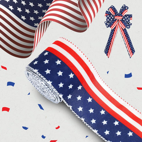4th of July Ribbon Wired Red White and Blue Ribbon American Flag Ribbon 2.5 Inch Patriotic Ribbon for Independence Day Craft Sewing Gift Wrapping...