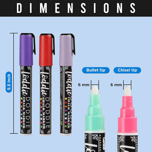 Loddie Doddie Liquid Chalk Markers | Dust Free Chalk Pens - Perfect for Chalkboards, Blackboards, Windows and Glass | 6mm Reversible Bullet & Chis...