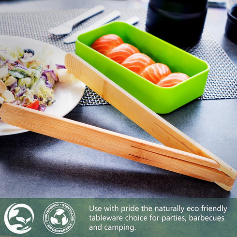 Bamboo Cooking Tongs (Set of 2) – 11” Foldable Kitchen Tongs with Space-Saving Design, Non-Scratch Grip for BBQ, Salad, Camping & Serving – Natura...