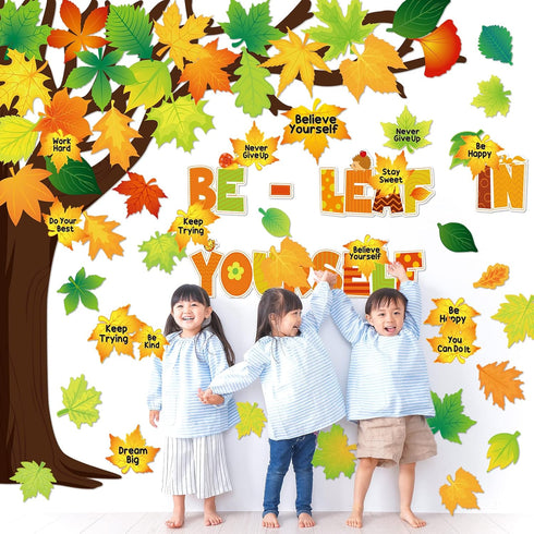 90 Pcs Growth Mindset Bulletin Board Decorations Classroom Tree Bulletin Board Sets Positive Sayings Be Leaf in Yourself Paper Cut Outs Inspiratio...