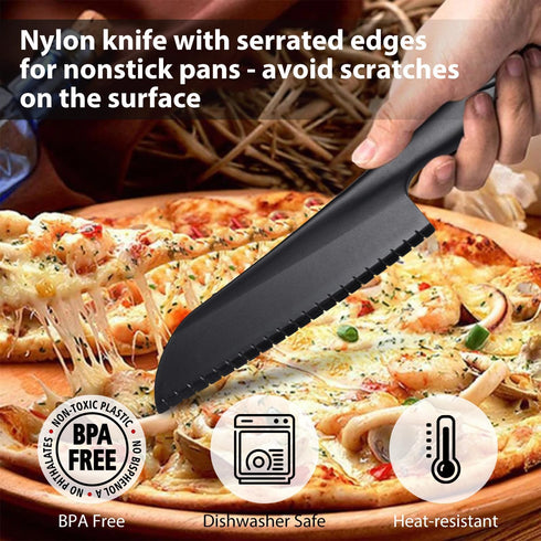 11” Nylon Knife for Nonstick Bakeware with Serrated Edges, Large Plastic Kitchen Knife to Cut Lettuce Salad Cake Brownie or Veggies Fruits, Nonmet...