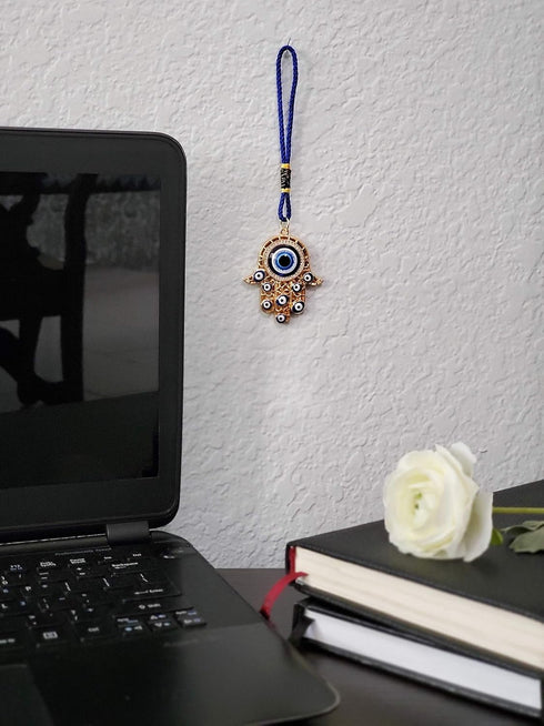 Hamsa Hand Amulet Pendant w/Crystal Rhinestones Blue, White & Black Evil Eye Car Hanging Ornament Rear View Mirror Accessories - Door, Wall, Bag C...