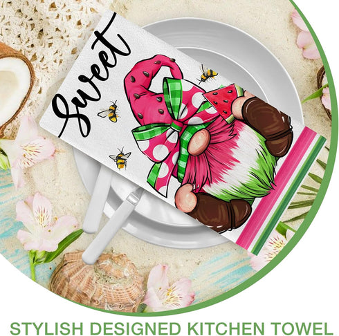 Seliem Sweet Summer Gnome Kitchen Dish Towels Set of 2, One in A Melon Watermelon Bee Hand Towel Drying Baking Cooking Cloth, Pink Green Polka Dot...