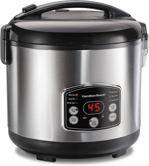 Hamilton Beach Digital Programmable Rice Cooker & Food Steamer, 14 Cups Cooked (7 Uncooked) With Steam & Rinse Basket, Stainless Steel (37548)...