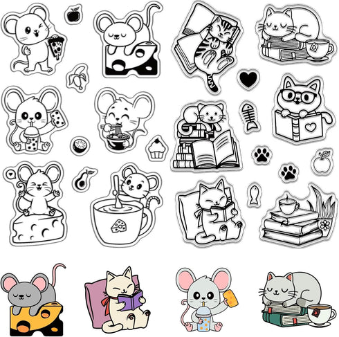 CRASPIRE 2 Styles Cat Clear Stamps Mouse Kitten Book Animal Reusable Background Postmark Transparent Silicone Stamp Seals for Journaling Card Maki...
