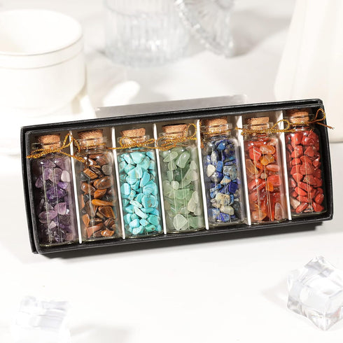 SUNYIK 7 Chakra Stone Wishing Bottles Set of 7, Tumble Chip Crystal Healing Reiki Wicca Stones Kit...