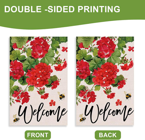 Welcome Spring Geranium Decorative Garden Flag, Red Floral Flowers Bee Yard Outside Decorations, Summer Farmhouse Outdoor Small Home Decor Double ...