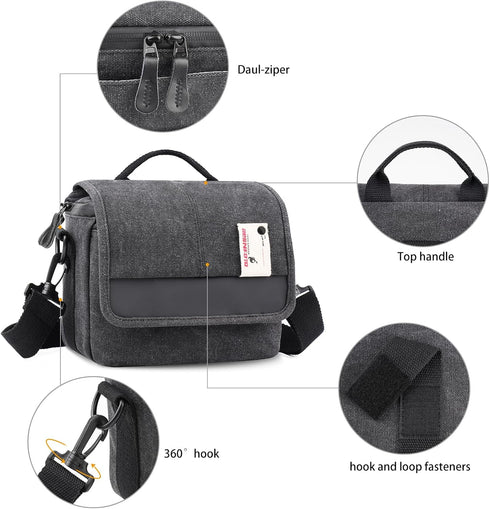 Besnfoto Camera Bag Purse Small Messenger Shoulder Bag for Mirrorless DSLR Camera Waterproof Canvas Compact Photography Case, Black Gray...