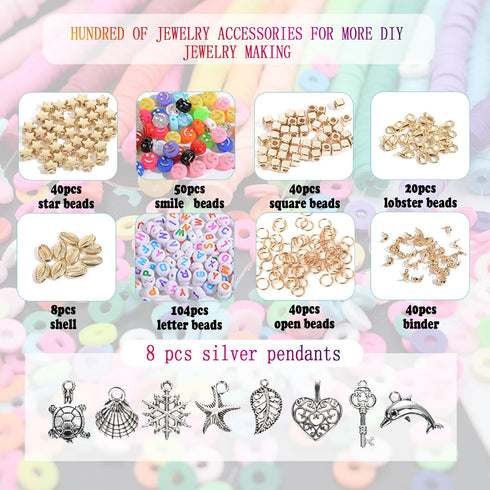 Dulzod 4800Pcs Clay Beads for Jewelry Making Bracelet Kit,Flat Round Polymer Heishi Clay Beads with Pendant and Jump Rings Letter Beads for Bracel...
