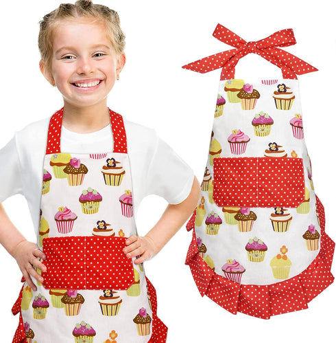 ASPMIZ Cupcake Kids Apron, Red Baking Bib Apron for 2-6 Years Child, Girls Chef Apron with Pockets for Gardening Painting, Adjustable Kitchen Apro...