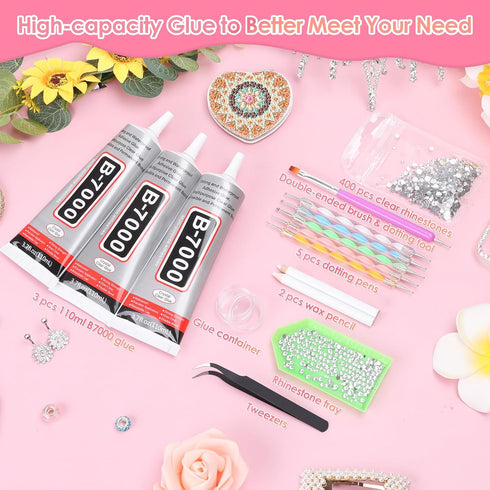 B-7000 Glue with Rhinestone Gems Kit for Crafts DIY Bead Stone Jewelry Include 3 x 110ML Clear B-7000 Glue Flatback Crystal Rhinestones Dot-Brush ...