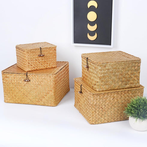 Wicker Shelf Baskets with Lid, Handwoven Seagrass Storage Basket Bins Square Gift Boxes for Shelves Home Decor Organizer (Natural, Small)...