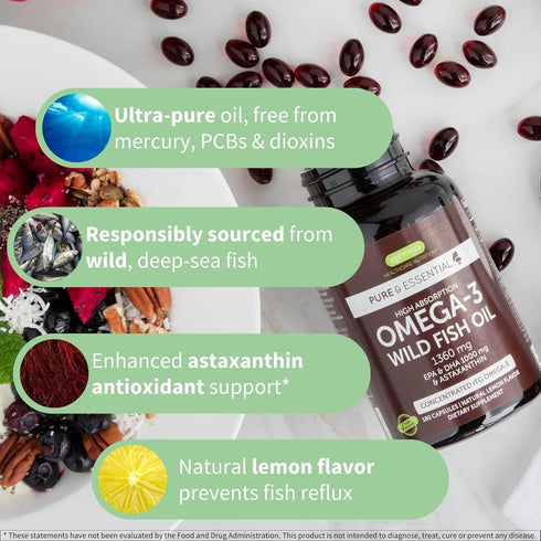 Super Concentrated rTG Omega 3 Wild Fish Oil 1000mg, Clean Label Free from Environmental Toxins, EPA DHA, 2:1 Ratio, Non-GMO, Astaxanthin 1mg, Lem...