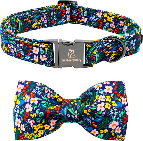 Lionheart glory Dog Collar Darkblue Flower Dog Bow Collars Floral Dog Collar with Bow Male or Female Spring Fall Pet Gift Durable Adjustable Dog C...
