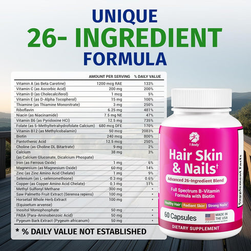 1 Body Hair Skin and Nails Vitamins with Biotin – 26 Vitamins, Minerals and Herbal Extracts – Hair, Skin and Nail Growth Supplement for Women and ...