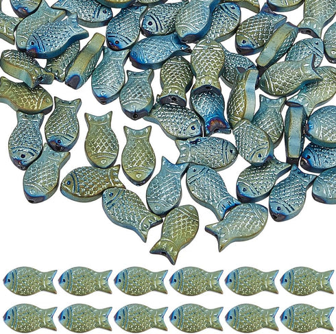 SUNNYCLUE 1 Box 100Pcs Fish Beads Bulk Glass Fish Beads Small Fish Charms Double Sided Blue Fishes Beads Electroplated Frosted Summer Sea Animals ...