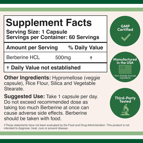 Berberine Supplement 500mg, 60 Capsules (Third Party Tested, Non-GMO, Gluten Free, Vegan Safe) AMPK Activator - Berberine HCL for Cardiovascular H...