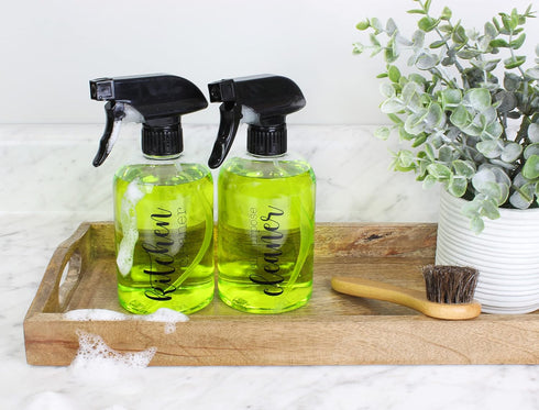 Cornucopia Plastic Cleaning Spray Bottles with Labels (Set of 4); 16oz Refillable Trigger Sprayers w/ 3 Settings and Farmhouse Script Labels...