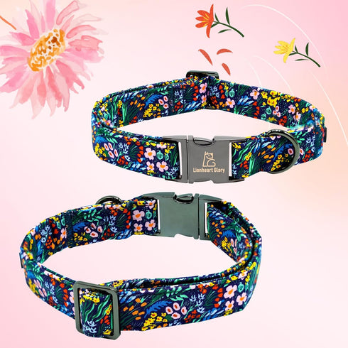 Lionheart glory Dog Collar Darkblue Flower Dog Bow Collars Floral Dog Collar with Bow Male or Female Spring Fall Pet Gift Durable Adjustable Dog C...