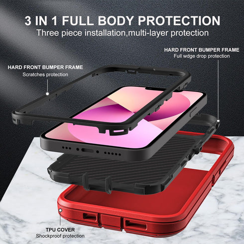 for iphone 13 Mini Case, Military Grade 3 in 1 Heavy Duty Shockproof/Drop Proof/Dust Proof Case with 2Pcs Tempered Glass Screen Protector (Red/Bla...