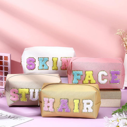 4 Pcs Large Chenille Letter Patch Makeup Bag Skin Stuff Hair Face Bag Preppy Patch Makeup Cosmetic Bag Toiletry Zipper for Women Teen Girl(Light C...