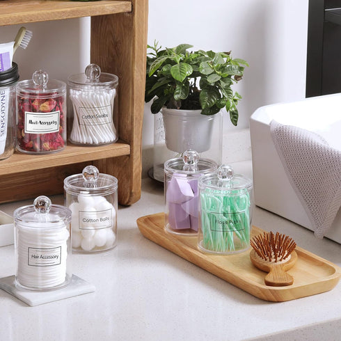 6 Pack Qtip Holder Dispenser for Cotton Ball, Cotton Swab, Cotton Round Pads, Floss - Clear Plastic Apothecary Jar Set, Bathroom Canister Storage ...