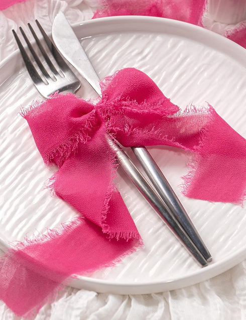 Chiffon Ribbon, Hot Pink Silk Ribbon, Pink Party Decoration, 1.5''x21Yd Handmade Frayed Fringe Ribbon for Gift Wrapping, Floral Vase Decor, for Cr...