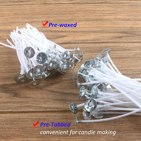 MILIVIXAY 3.5" Candle Wick Bundle: 100PCS Candle Wicks, 100PCS Candle Wick Stickers and 6PCS Wooden Candle Wick Holders - Wicks Coated with Paraff...