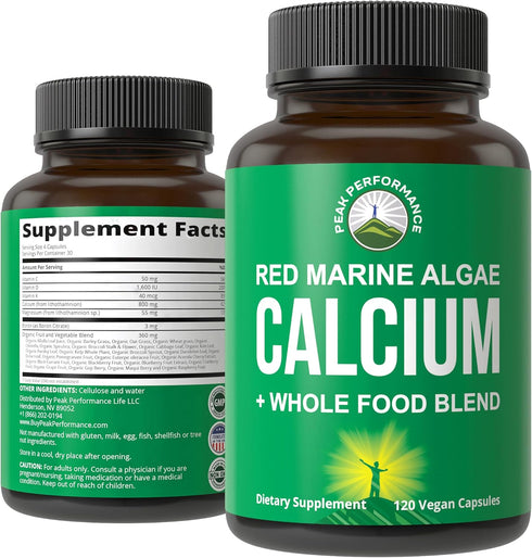 Plant Based Calcium - Red Marine Algae Calcium Supplement with Vitamin C, D3, K, Magnesium, and Whole Food Vegetable Blend. Vegan Capsules for Bon...