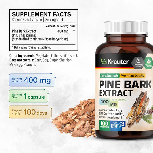 BIO KRAUTER Pine Bark Extract Capsules 400 mg - 100 Count - Antioxidant Supplement - 95% Proanthocyanidins - Pine Bark Supplement - Vegan, No Fill...