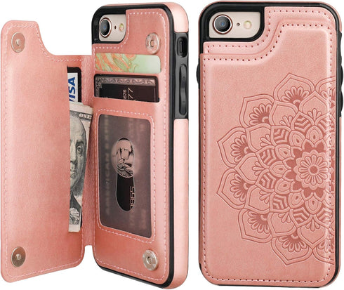 Vaburs Wallet Case for iPhone SE(2022)/SE(2020)/8/7 with Card Holder, Embossed Mandala Pattern Flower Premium PU Leather Double Magnetic Buttons F...