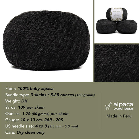 100% Baby Alpaca Yarn Wool Set of 3 Skeins DK Weight - Made in Peru - Heavenly Soft and Perfect for Knitting and Crocheting (Charcoal Gray, DK)...